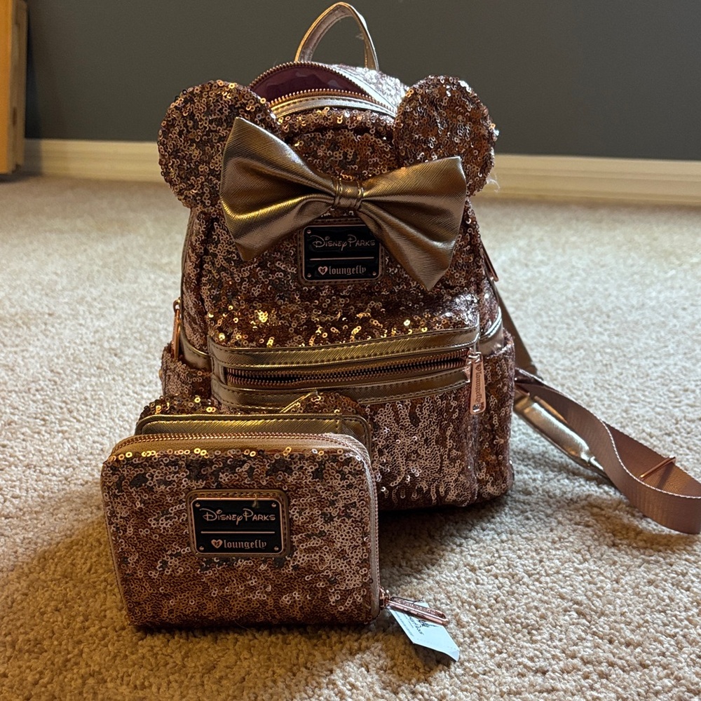 Loungefly Glittering Backpack and Wallet Set - Bronze